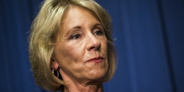 WASHINGTON, USA - FEBRUARY 8: Secretary of Education Betsy DeVos addresses department staff on her first day in office after her controversial confirmation by the Senate the day before in Washington, USA on February 8, 2017. (Photo by Samuel Corum/Anadolu Agency/Getty Images)