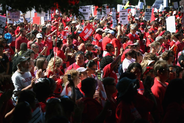 CHICAGO, IL - SEPTEMBER 15: Striking Chicago teachers and their supporters attend a rally at Union Park September 15, 2012 i