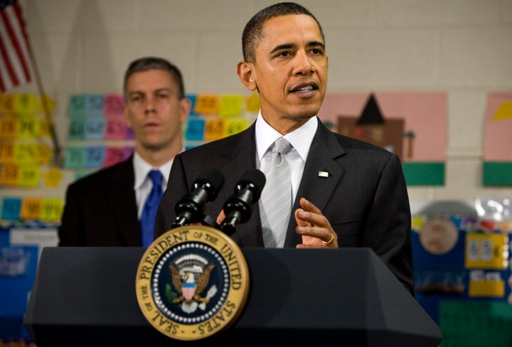 FALLS CHURCH, VA - JANUARY 19: (AFP OUT) U.S. President Barack Obama delivers remarks on the 'Race To The Top' program at th