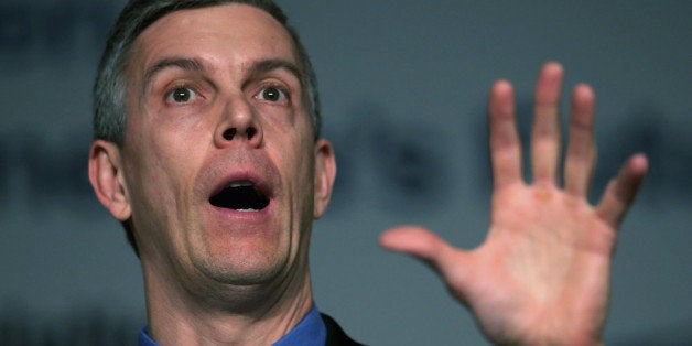 WASHINGTON, DC - JANUARY 28: U.S. Education Secretary Arne Duncan addresses the National School Board Association's Federal Relations Nedtwork Conference at the Hilton Washington Hotel January 28, 2013 in Washington, DC. Duncan faced a number of questions from conference attendees on issues including charter schools, unfunded mandates and reauthorization of the No Child Left Behind program. (Photo by Chip Somodevilla/Getty Images)