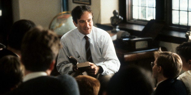 Robin Williams teaching a class in a scene from the film 'Dead Poets Society', 1989. (Photo by Touchstone Pictures/Getty Images)