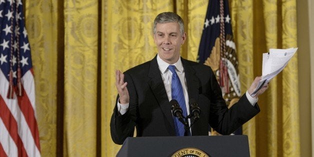 US Secretary of Education Arne Duncan speaks at the ConnectED conference in the East Room of the White House November 19, 2014 in Washington, DC. US President Barack Obama hosted school leaders and educators from across the country at the White House for ConnectED to the Future, a day-long convening to explore the potential of education technology and the innovations needed to bring Americas schools into the digital age. At the event, the President will launch his Administrations effort to assist school leaders in their transition to digital learning, following his plan to connect 99 percent of Americas students high-speed broadband internet in their schools and librariesAFP PHOTO/Brendan SMIALOWSKI (Photo credit should read BRENDAN SMIALOWSKI/AFP/Getty Images)