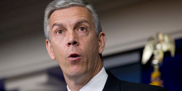 Education Secretary Arne Duncan speaks about education, Monday, July 7, 2014, during the daily briefing at the White House in Washington. The nation's largest teachers' union wants Duncan to quit. Delegates of the National Education Association adopted a business item July 4 at its annual convention in Denver that called for his resignation. The vote underscores the long standing tension between the Obama administration and teachers' unions _ historically a steadfast Democratic ally. (AP Photo/Jacquelyn Martin)