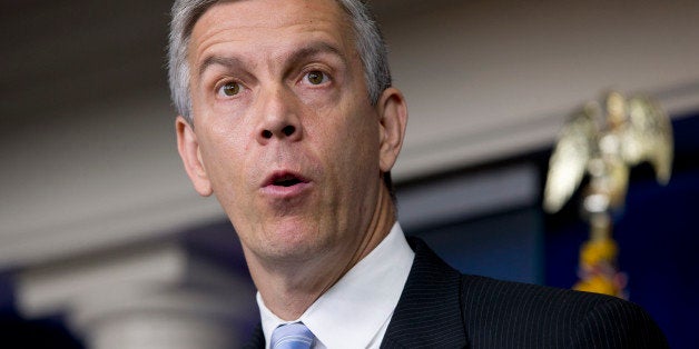 Education Secretary Arne Duncan speaks about education, Monday, July 7, 2014, during the daily briefing at the White House in Washington. The nation's largest teachers' union wants Duncan to quit. Delegates of the National Education Association adopted a business item July 4 at its annual convention in Denver that called for his resignation. The vote underscores the long standing tension between the Obama administration and teachers' unions _ historically a steadfast Democratic ally. (AP Photo/Jacquelyn Martin)