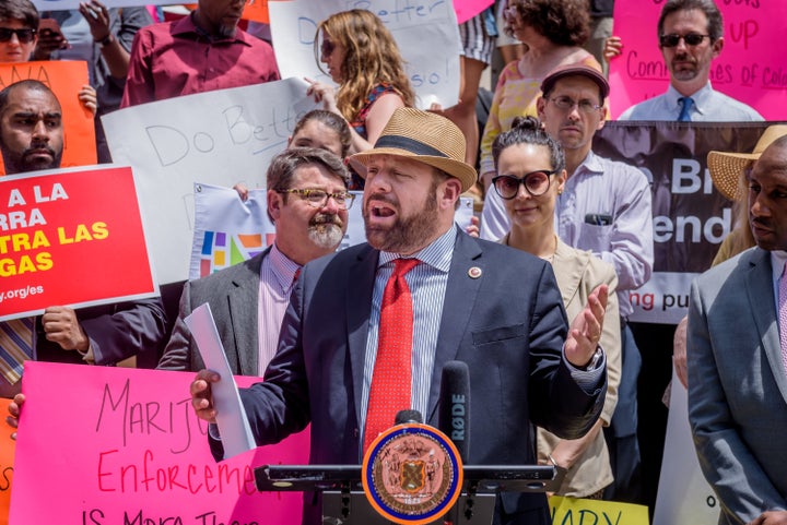 Councilman Rory Lancman speaks on the steps of City Hall in June.