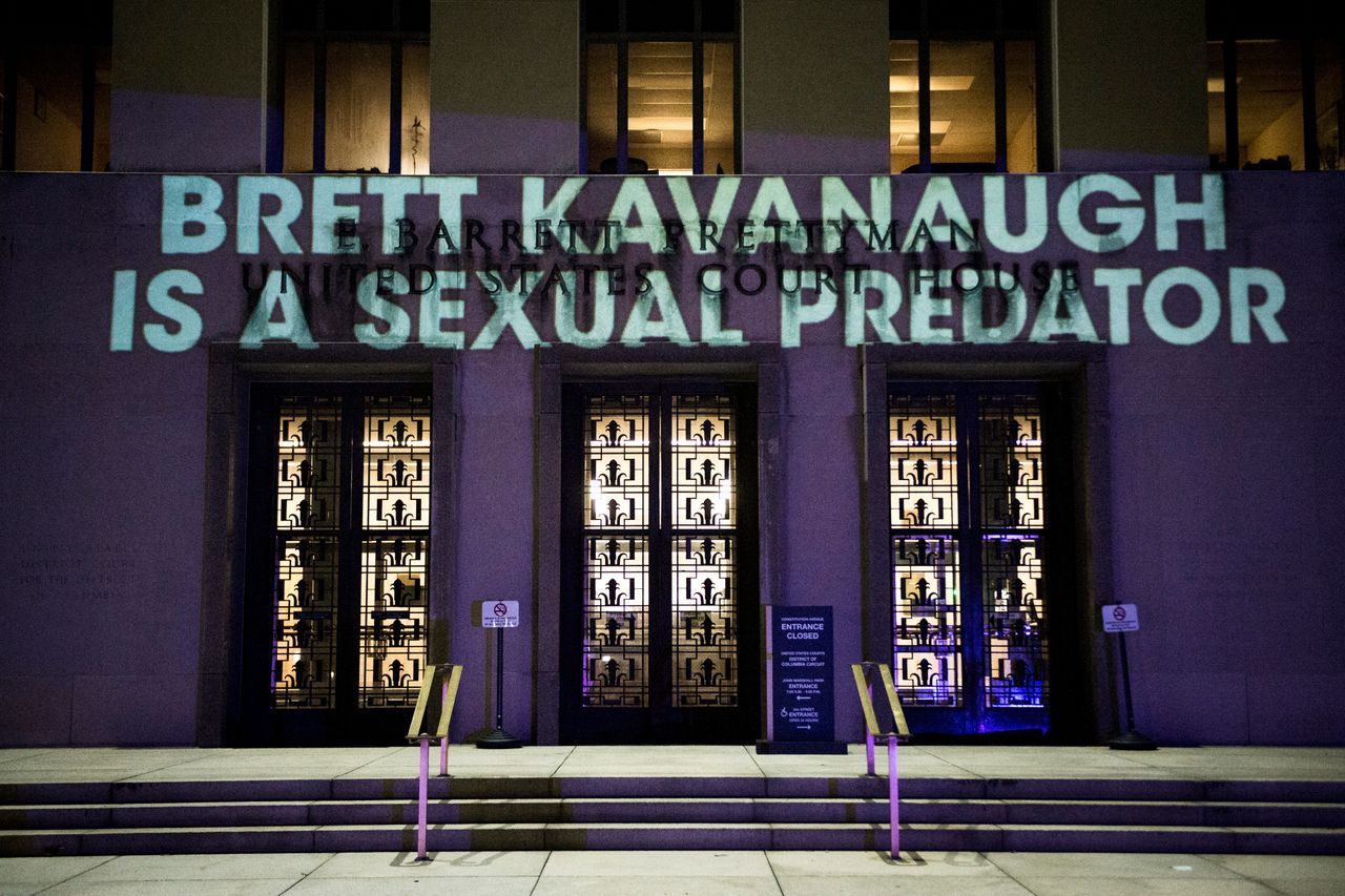 The political protest group UltraViolet projected anti-Brett Kavanaugh messages on the United States Court of Appeals on Tuesday.