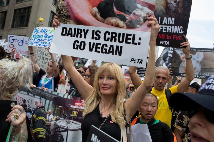 Animal rights activists, including members of the Animal Liberation Front, Peta, various animal rescue groups, and vegans, in the annual Animal Rights March on September 1, 2018 in New York City.