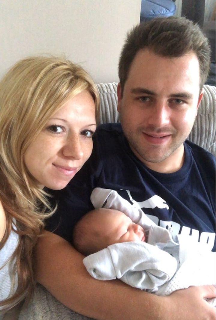 Rebecca Pearson with her partner and their baby boy. 