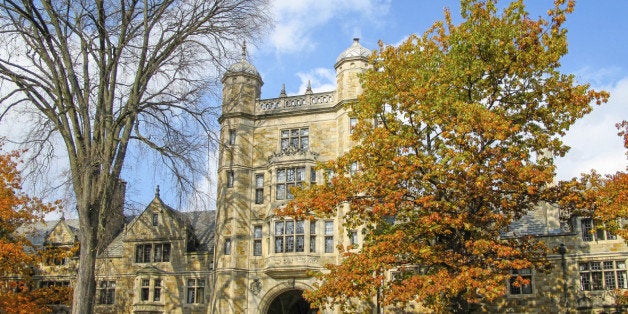 The Campus of the University of Michigan Law School in Ann Arbor is also known as 'The Law Quad' or 'The Law Quadrangle'. On the Campus students live in dorm rooms of a facility known as the 'Lawyers Club'. Picture taken in autumn.