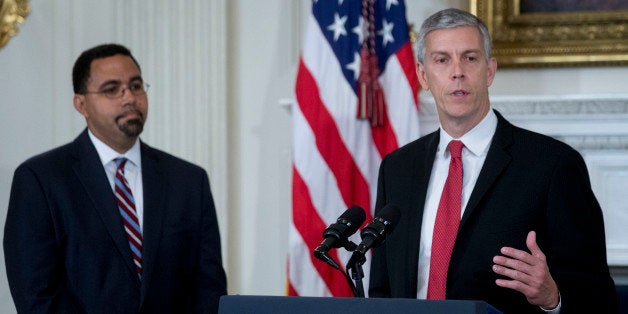 Arne Duncan, U.S. education secretary, right, speaks during a news conference with John King Jr., senior advisor at the U.S. Department of Education, in the State Dining Room of the White House with U.S. President Barack Obama, not pictured, in Washington, D.C., U.S., on Friday, Oct. 2, 2015. Obama announced that Education Secretary Arne Duncan is stepping down in December and will be replaced by Deputy Secretary John B. King Jr. Photographer: Andrew Harrer/Bloomberg via Getty Images 