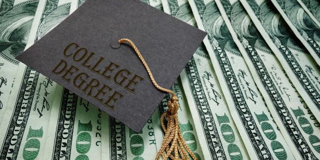 College Degree graduation cap on assorted hundred dollar bills