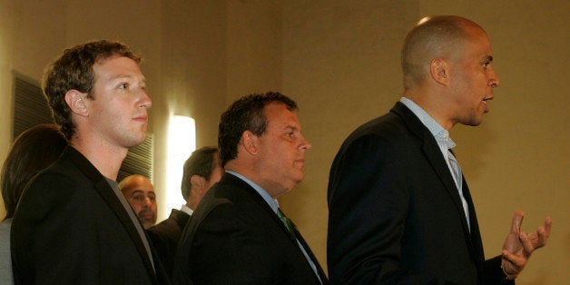 FILE - In this Saturday, Sept. 25, 2010 file photo, Mark Zuckerberg, left, founder and CEO of Facebook and N.J. Gov. Chris Ch