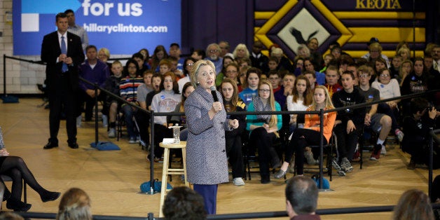 Democratic presidential candidate Hillary Clinton speaks during a town hall meeting at Keota High School, Tuesday, Dec. 22, 2015, in Keota, Iowa. (AP Photo/Charlie Neibergall)