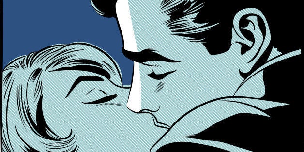 A retro comic style illustration of a couple kissing