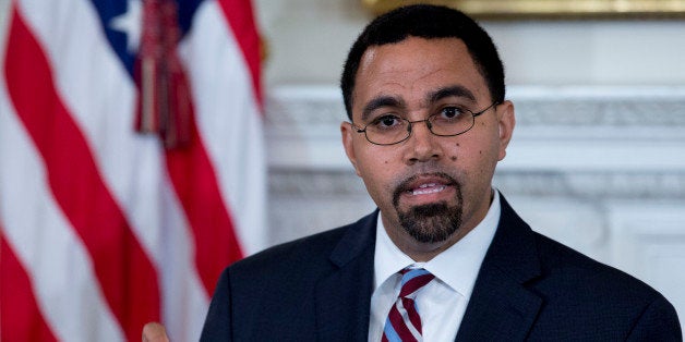 John King Jr., senior advisor at the U.S. Department of Education, speaks during a news conference with U.S. President Barack Obama, not pictured, in the State Dining Room of the White House in Washington, D.C., U.S., on Friday, Oct. 2, 2015. Obama announced that Education Secretary Arne Duncan is stepping down in December and will be replaced by Deputy Secretary John B. King Jr. Photographer: Andrew Harrer/Bloomberg via Getty Images 