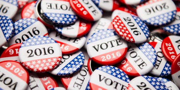 Close up of Vote 2016 election buttons, with red, white, blue and stars and stripes.