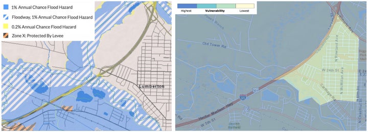 The flood hazard map (left) shows which parts of Lumberton are most vulnerable to flooding. The social vulnerability map (right) shows which parts are most socially vulnerable (dark blue) and least socially vulnerable (light green). In Lumberton, the areas at greatest risk of flooding are also home to many of the most socially vulnerable people. 