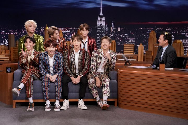 Band BTS during an interview with host Jimmy Fallon on Sept. 25, 2018.