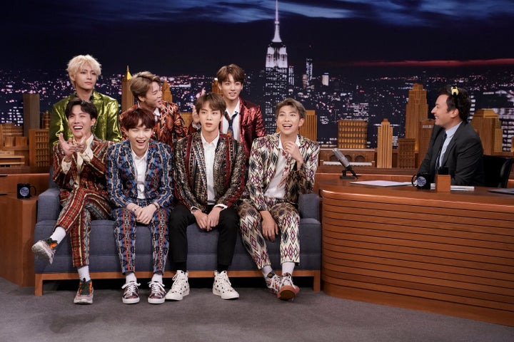 Band BTS during an interview with host Jimmy Fallon on Sept. 25, 2018.