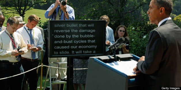 WASHINGTON - AUGUST 30: U.S. President Barack Obama delivers remarks from a teleprompter to the press after his daily econom