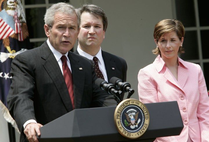 President George W. Bush speaks during the swearing ceremony for Brett Kavanaugh to be a judge to the U.S. Circuit Court of A