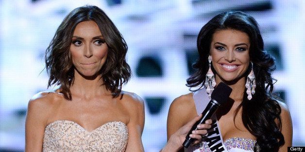 LAS VEGAS, NV - JUNE 16: Television personality and host Giuliana Rancic (L) looks on as Miss Utah USA Marissa Powell answers a question from a judge during the interview portion of the 2013 Miss USA pageant at PH Live at Planet Hollywood Resort & Casino on June 16, 2013 in Las Vegas, Nevada. (Photo by Ethan Miller/Getty Images)