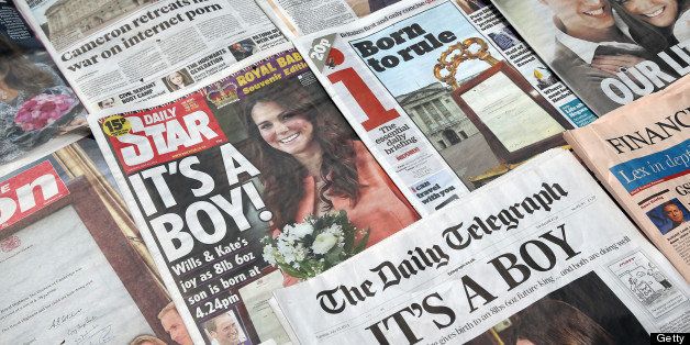 BRISTOL, ENGLAND - JULY 23: In this photo illustration, the front pages of the UK national newspaper titles are displayed on July 23, 2013 in Bristol, England. Catherine, Duchess of Cambridge yesterday gave birth to a boy at 16.24hrs BST and weighing 8lb 6oz, with Prince William, Duke of Cambridge at her side. The baby, as yet unnamed, is third in line to the throne and becomes the Prince of Cambridge. (Photo by Matt Cardy/WireImage)