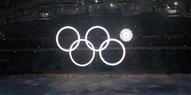 SOCHI, RUSSIA - FEBRUARY 07: Snowflakes transform into four Olympic rings with one failing to form during the Opening Ceremony of the Sochi 2014 Winter Olympics at Fisht Olympic Stadium on February 7, 2014 in Sochi, Russia. (Photo by Bruce Bennett/Getty Images)