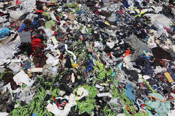 Garment factory waste at a dumping site in Dhaka, Bangladesh.
