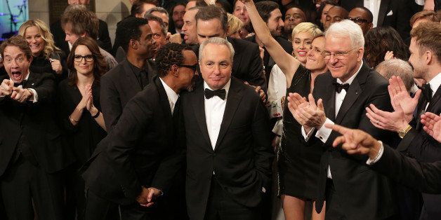 SATURDAY NIGHT LIVE 40TH ANNIVERSARY SPECIAL -- Pictured: (l-r) Martin Short, Tina Fey, Chris Rock, tim Meadows, Lorne Michaels, Miley Cyrus, Molly Shannon, Steve Martin during the Goodnights & Credits on February 15, 2015 -- (Photo by: Chris Haston/NBC/NBCU Photo Bank via Getty Images)