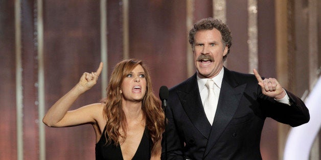 BEVERLY HILLS, CA - JANUARY 13: In this handout photo provided by NBCUniversal, Kristen Wiig and Will Ferrell on stage to present the Best Actress - Motion Picture, Comedy or Musical award during the 70th Annual Golden Globe Awards at the Beverly Hilton Hotel International Ballroom on January 13, 2013 in Beverly Hills, California. (Photo by Paul Drinkwater/NBCUniversal via Getty Images)