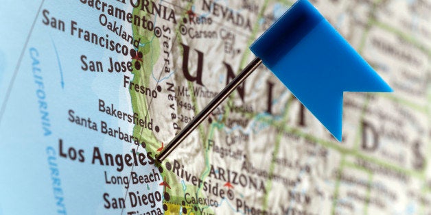 Map pin placed on Los Angeles, California on map, close-up