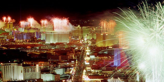 LAS VEGAS, NV - JANUARY 1: This photo shows an aerial view of hotels and casinos on the Las Vegas, NV strip, as fireworks li