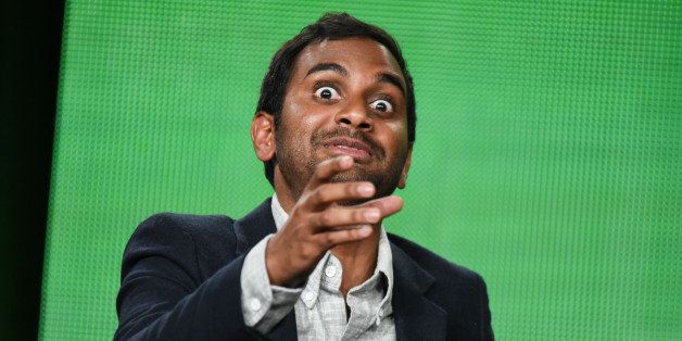 Aziz Ansari speaks on stage during the "Parks and Recreation" panel at the NBC 2015 Winter TCA on Friday, Jan. 16, 2015, in Pasadena, Calif. (Photo by Richard Shotwell/Invision/AP)