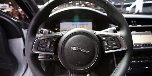 NEW YORK, NY - APRIL 1: A detail of the interior steering wheel of the 2016 Jaguar XF as its introduced during press previe
