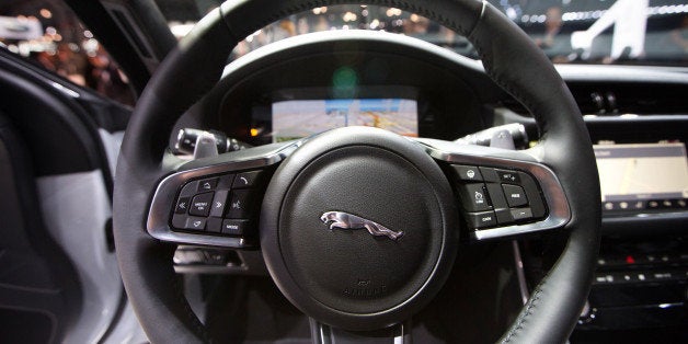 NEW YORK, NY - APRIL 1: A detail of the interior steering wheel of the 2016 Jaguar XF as its introduced during press previews at the New York International Auto Show at the Javits Center on April 1, 2015 in New York City. The auto show opens to the public April 3-12. (Photo by Kevin Hagen/Getty Images)