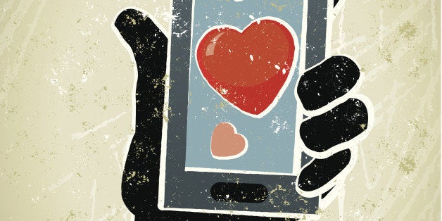 Cyber Dating!A stylized vector cartoon of a businessman holding a mobile phone with a heart. Reminiscent of an old screen print poster and suggesting love, catch, romance, temptation, alluring, Valentine's, online, surfing the web, matchmaking, online or cyber dating. Phonr, hand, heart, paper texture, and background are on different layers for easy editing. Please note: this is an eps 10 illustration and clipping masks have been used.