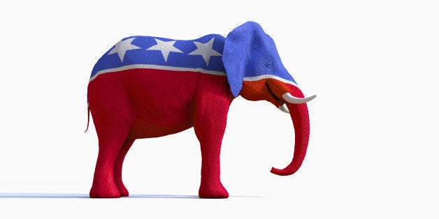 Elephant statue painted red, white and blue