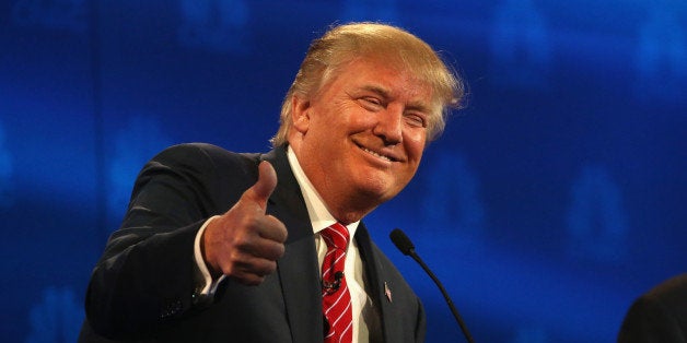 BOULDER, CO - OCTOBER 28: Presidential candidate Donald Trump gives a thumbs up during the CNBC Republican Presidential Deb