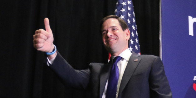 MIAMI, FL - MARCH 15: Republican presidential candidate U.S. Senator Marco Rubio (R-FL), flanked by his family, speaks at a primary night rally on March 15, 2016 in Miami, Florida. Rubio announced he was suspending his campaign after losing his home state of Florida to Republican rival Donald Trump. (Photo by John Parra/WireImage)