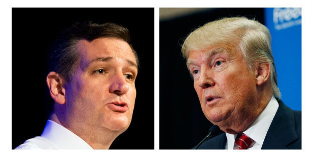 FILE - This two picture combo of file photos shows Republican presidential candidate, Sen. Ted Cruz, R-Texas, left, and Donal