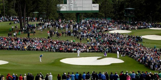 Apr 10, 2016; Augusta, GA, USA; A general view as Jordan Spieth putts on the 2nd green during the final round of the 2016 The