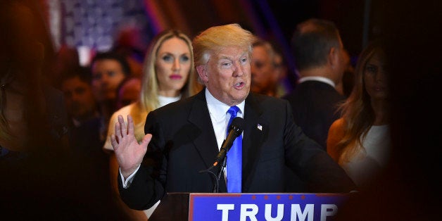 NEW YORK, NY - MAY 3: Surrounded by his supporters and family, Republican presidential candidate Donald Trump addresses the media at Trump Tower following primary election results on May 3, 2016 in New York, NY. (Photo by Ricky Carioti/The Washington Post via Getty Images)