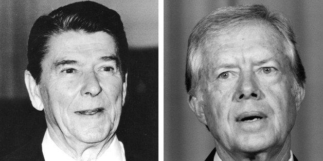 (FILE PHOTO) In this composite image a comparison has been made between former US Presidential Candidates Ronald Reagan (L) and Jimmy Carter. In 1980 Ronald Reagan won the presidential election to become the President of the United States. ***LEFT IMAGE*** 1985: American Republican politician and 40th President of the United States (1980 - 1988) Ronald Wilson Reagan appears in 1985. (Photo by Keystone/Getty Images) ***RIGHT IMAGE*** 1986: The former President of the United States, Jimmy Carter speaks in 1986 in London. (Photo by Keystone/Getty Images)