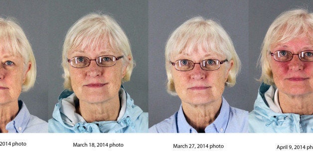 This combination of four 2014 booking photos released by the San Mateo County Sheriff's Office shows Marilyn Hartman. Federal law enforcement officials say Hartman tried at least three times to breach airport security before she was able to get through a checkpoint without a boarding pass at Mineta San Jose International Airport on Monday, Aug. 4, 2014. (AP Photo/San Mateo County Sheriff's Office)