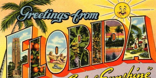 UNITED STATES - CIRCA 1942: Large Letter postcard with scenes of Florida in each letter. A palm tree, the shoreline and sun are in the background. (Photo by Lake County Museum/Getty Images)