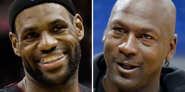 FILE - At left is a June 16, 2013 file photo showing LeBron James. At right is an Oct. 2, 2012 file photo showing Michael Jordan. Jordan believes he could beat James in a one-on-one basketball game when he was in his prime. In a video promoting the NBA 2K14 video game that is being released Tuesday, Oct. 1, 2013, Jordan said there's a long list of players he would've liked to have played one-on-one.