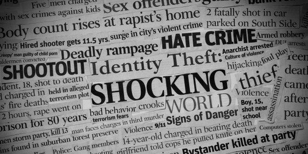 A collage, black and white with vignette made up of headlines from US newspapers.