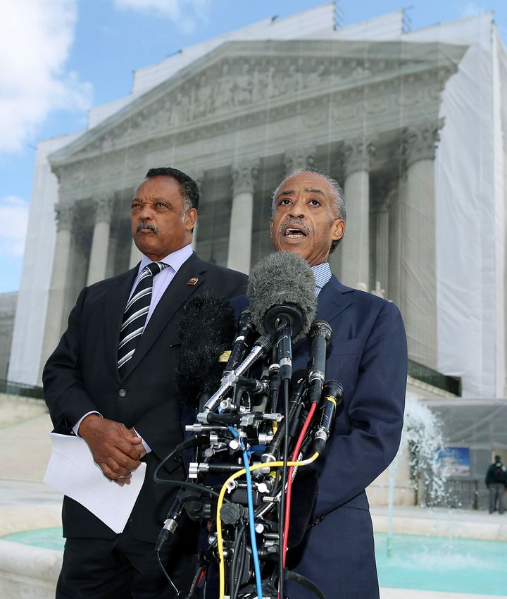 WASHINGTON, DC - OCTOBER 10: Rev. Jesse Jackson (L) and Rev. Al Sharpton (R) speak to the media after attending oral arguments at the U.S. Supreme Court Supreme, on October 10, 2012 in Washington, DC. Today the high court heard oral arguments on Fisher V. University of Texas at Austin, and are tasked with ruling on whether the university's consideration of race in admissions is constitutional. (Photo by Mark Wilson/Getty Images)