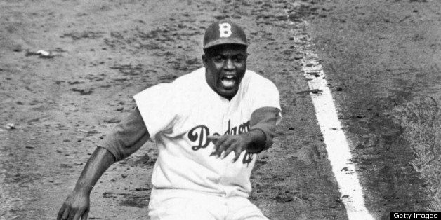 Jackie Robinson (1919-1972), the first black baseball player to break the color barrier of Major League Baseball in over 50 years when he joined the Brooklyn Dodgers in 1947.
